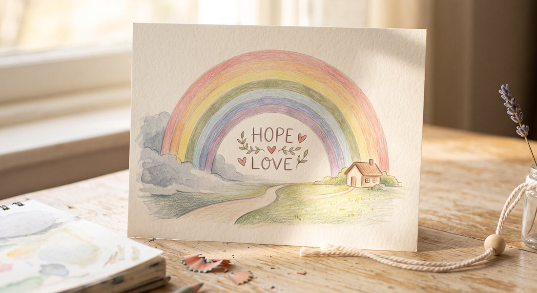 Hand-drawn rainbow watercolor illustration on textured paper reading Hope and Love, beside lavender sprig in warm daylight.