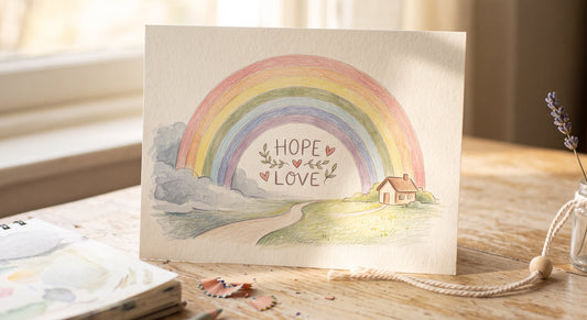 Hand-drawn rainbow watercolor illustration on textured paper reading Hope and Love, beside lavender sprig in warm daylight.